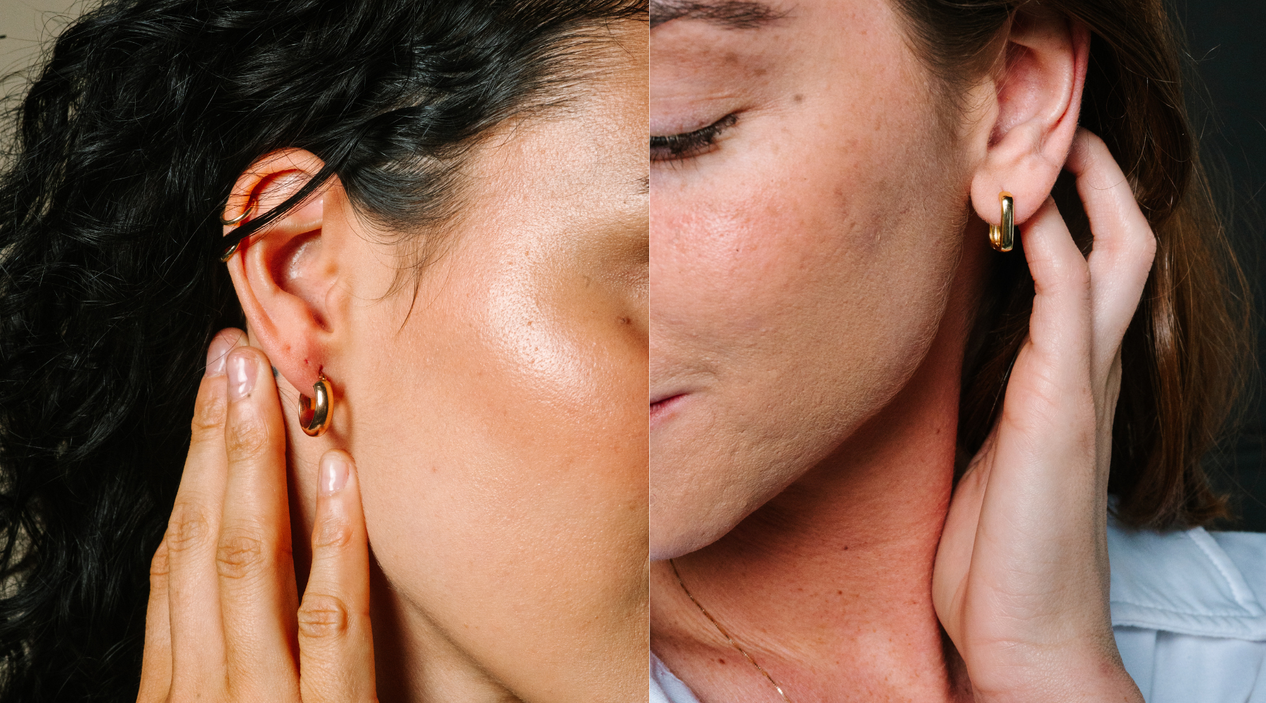 Women wearing 14K gold hoop earrings, showcasing everyday fine jewelry styles for all skin tones