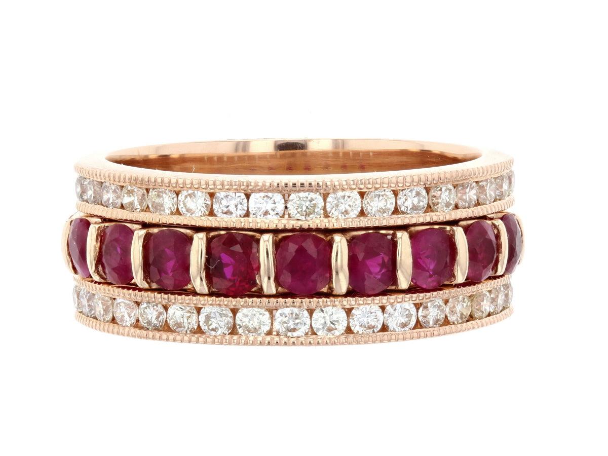 14K rose gold stackable rings with ruby & diamond bands, timeless fine jewelry for everyday wear