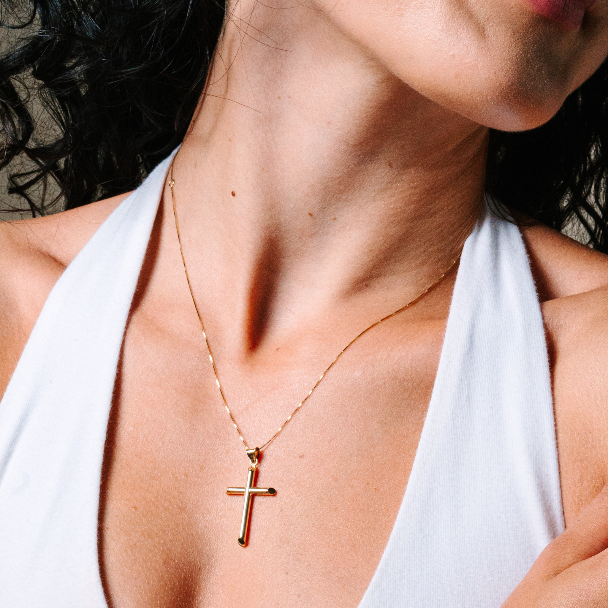 Round Tube Cross Necklace in 14K Yellow Gold