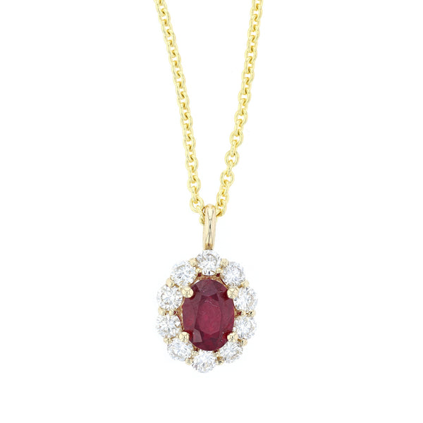 Ruby and Diamond Halo Pendant Necklace 14K Gold