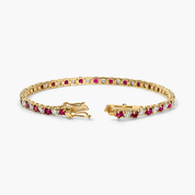 14K gold tennis bracelet with alternating rubies and diamonds, elegant fine jewelry for everyday wear