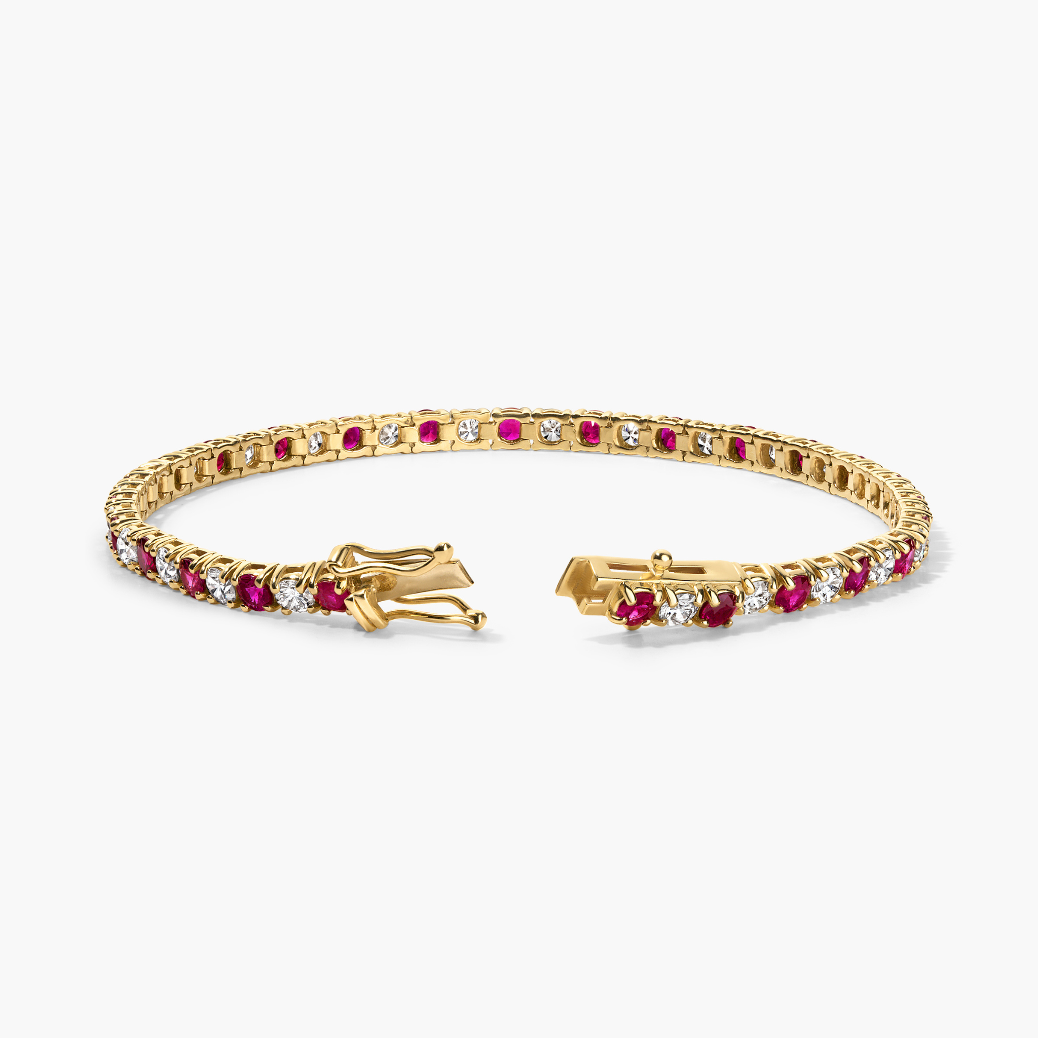 14K gold tennis bracelet with alternating rubies and diamonds, elegant fine jewelry for everyday wear