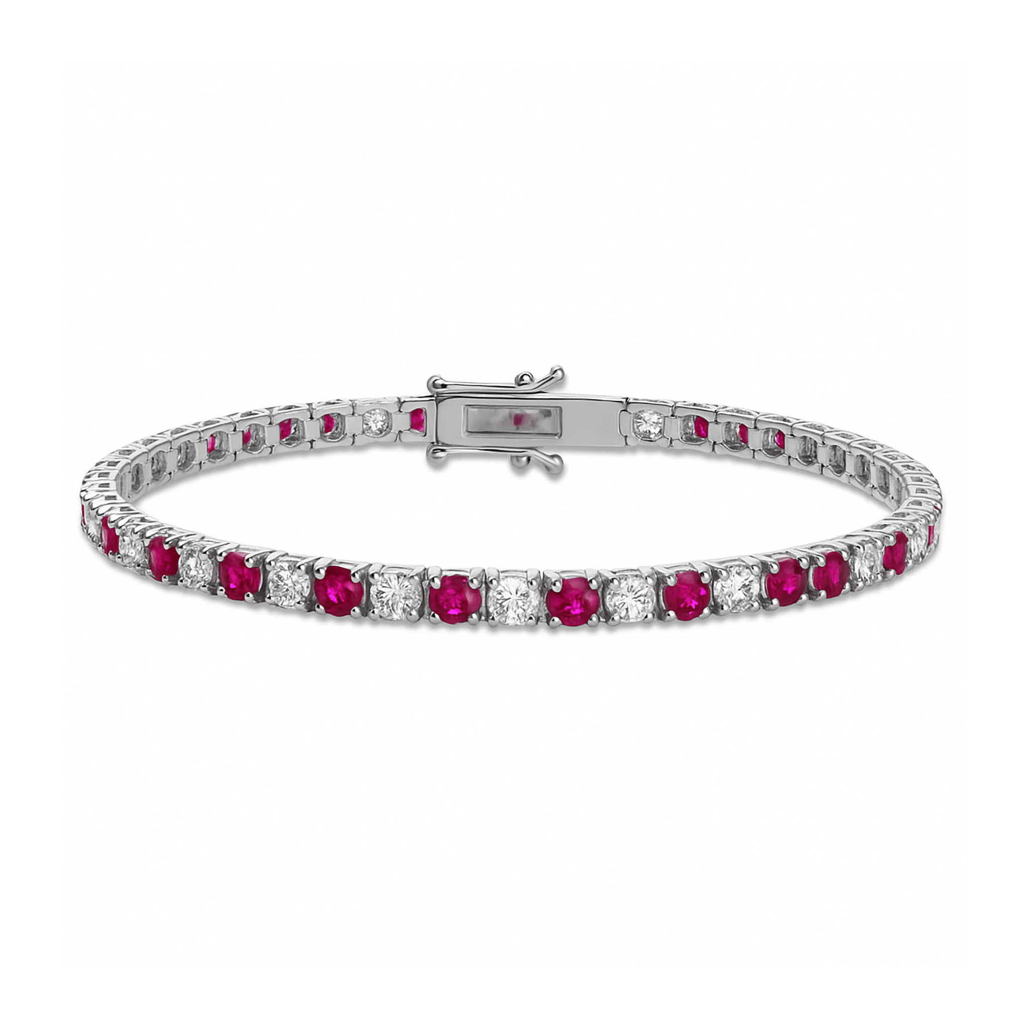 Elegant ruby and diamond tennis bracelet in 14K white gold, perfect for everyday luxury wear.