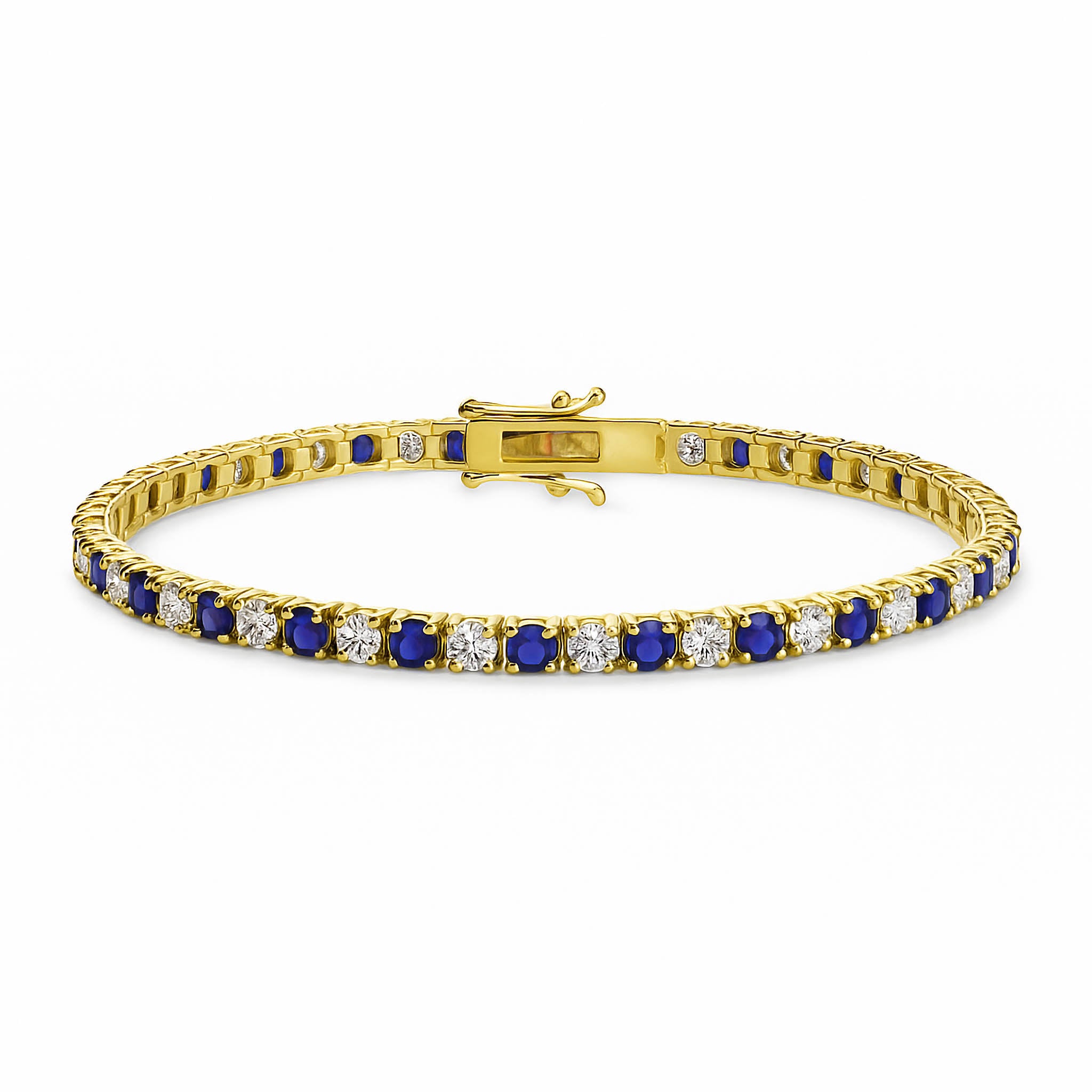 14K gold tennis bracelet with alternating sapphire and diamond stones, elegant fine jewelry design