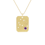 14K gold pendant necklace with amethyst, diamonds, and star engraving on rectangular tag