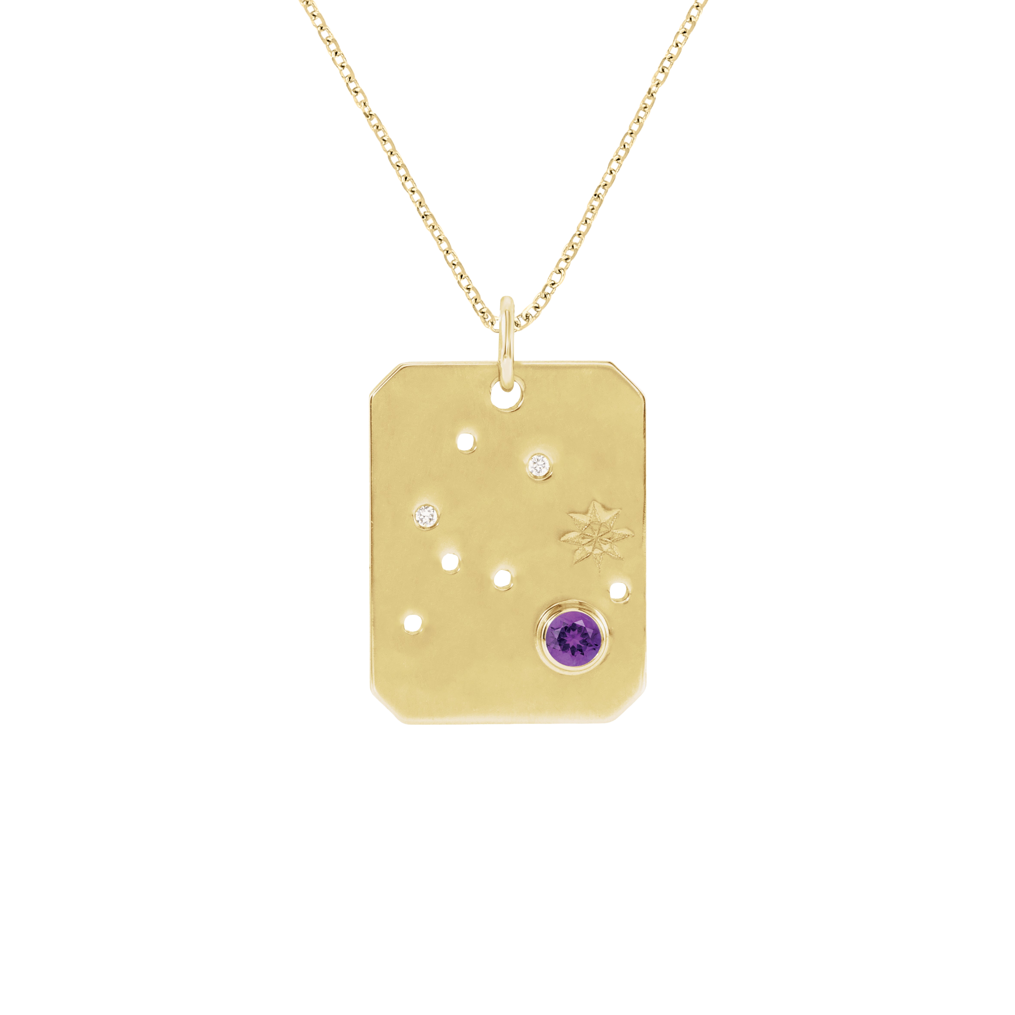 14K gold pendant necklace with amethyst, diamonds, and star engraving on rectangular tag