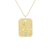 14K gold pendant necklace with star engraving and diamond accents on dog tag charm