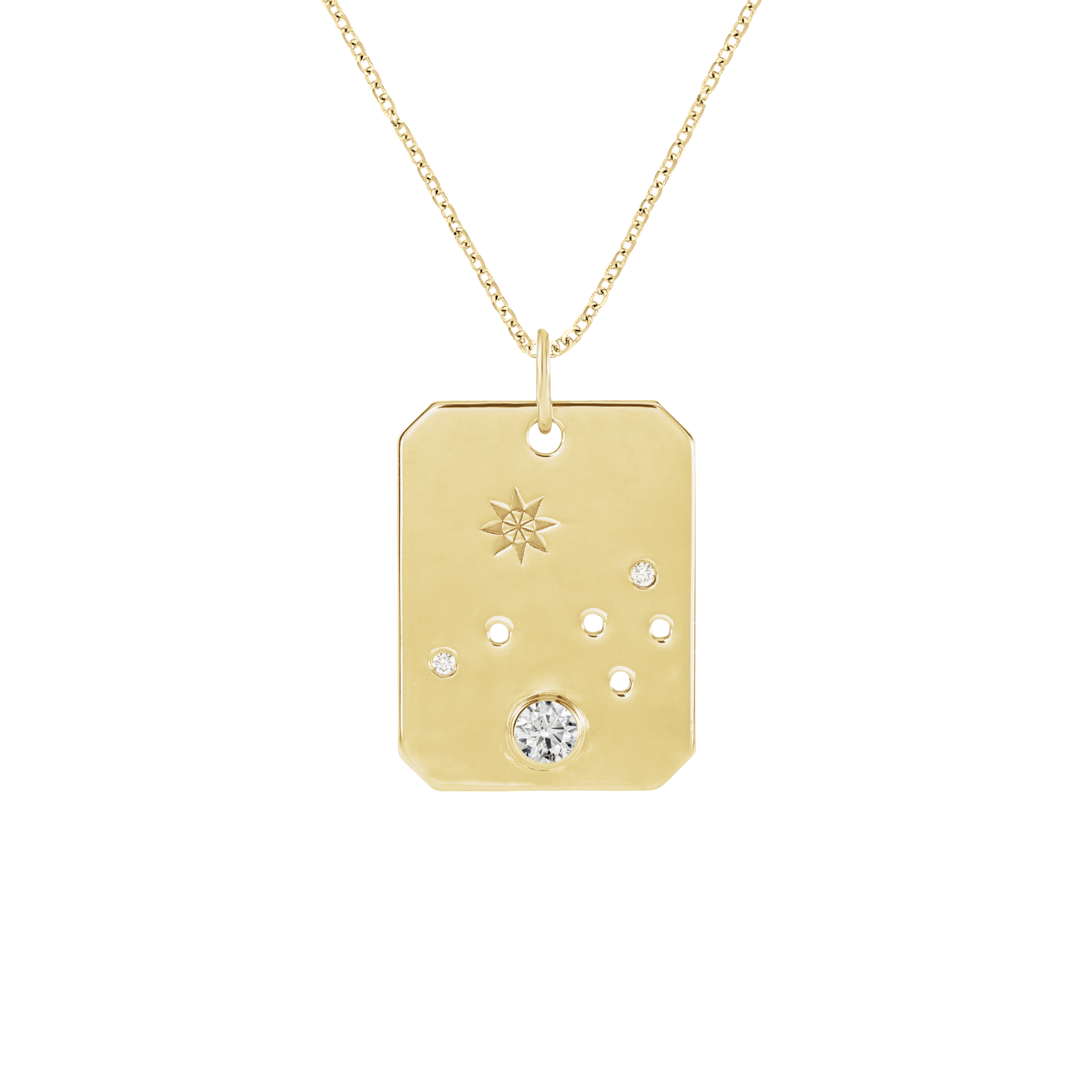 14K gold pendant necklace with star engraving and diamond accents on dog tag charm