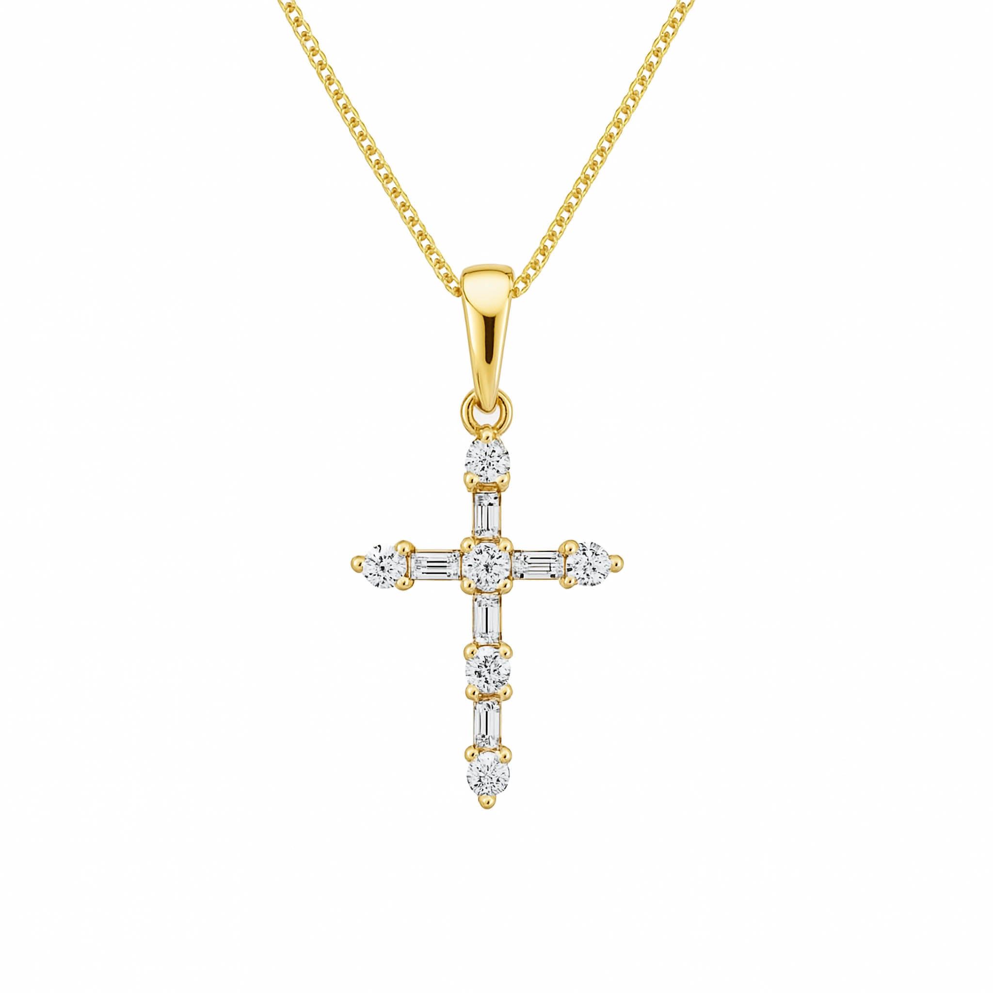 14K gold cross necklace with round and baguette diamonds, timeless fine jewelry for everyday wear