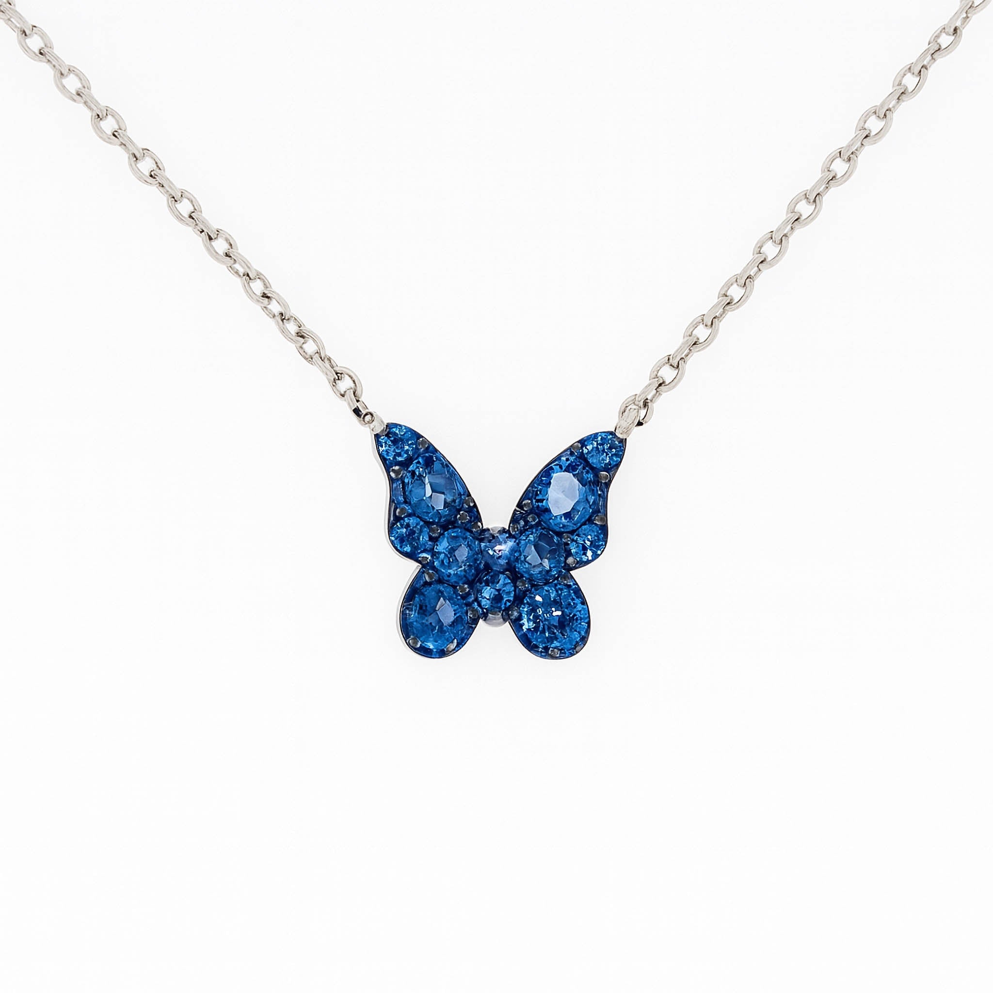 Blue sapphire butterfly pendant necklace in 14K gold, delicate chain, fine jewelry for everyday wear