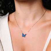 Blue butterfly pendant necklace in 14K gold, delicate chain, everyday fine jewelry for women