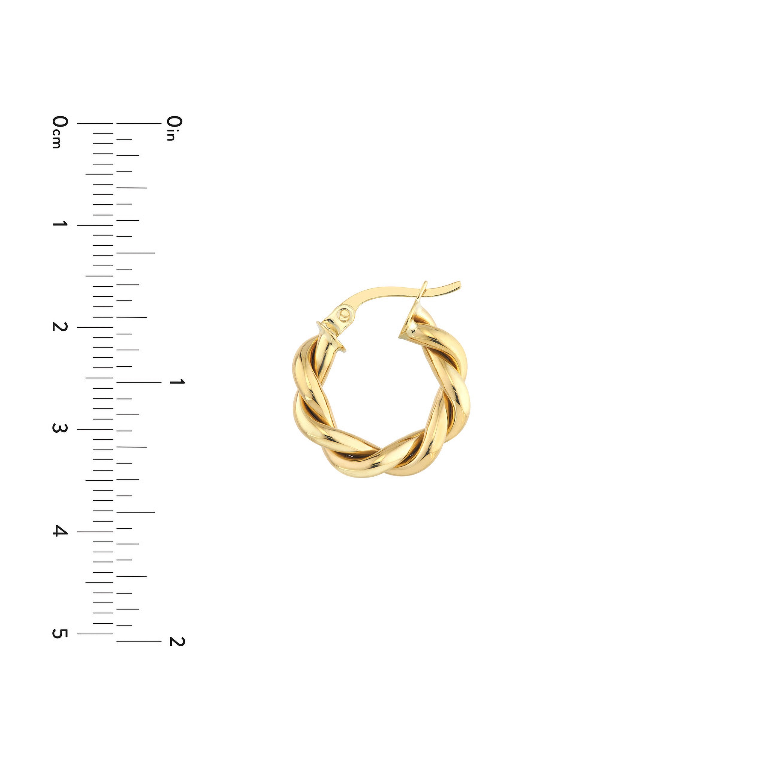 Twisted gold hoop earring with size ruler, 14K gold fine jewelry for everyday wear