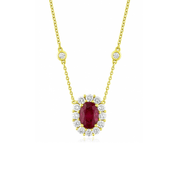 Burma Ruby and Diamond Halo Pendant Stationed Necklace