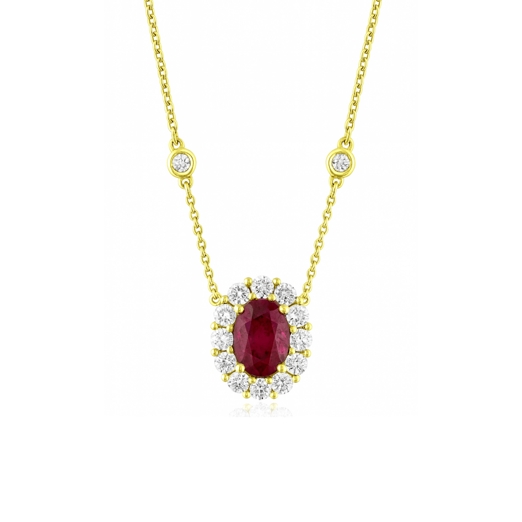 Burma Ruby and Diamond Halo Pendant Stationed Necklace