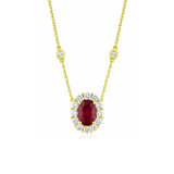 Burma Ruby and Diamond Halo Pendant Stationed Necklace