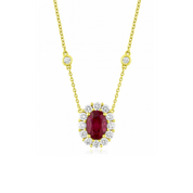 14K gold necklace with oval ruby pendant surrounded by diamonds, delicate chain with diamond accents