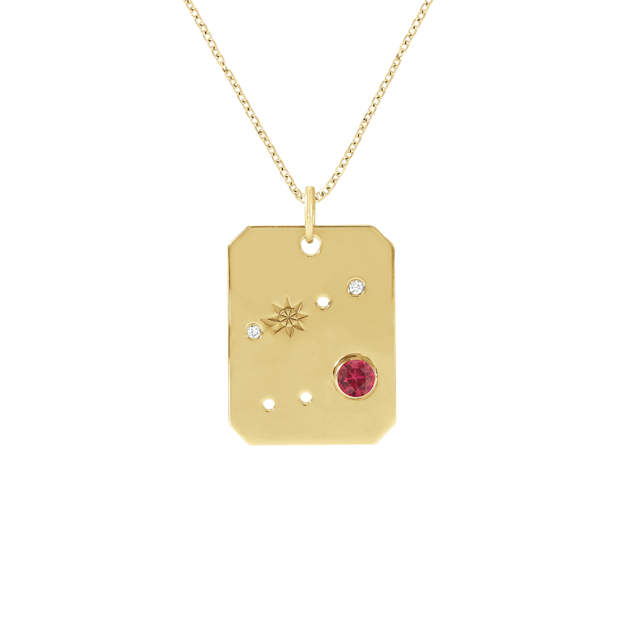14K gold pendant necklace with ruby, diamonds, and star detail on dog tag design