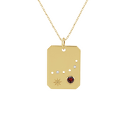 14K gold tag necklace with red gemstone, diamonds, and star engraving, perfect for everyday wear