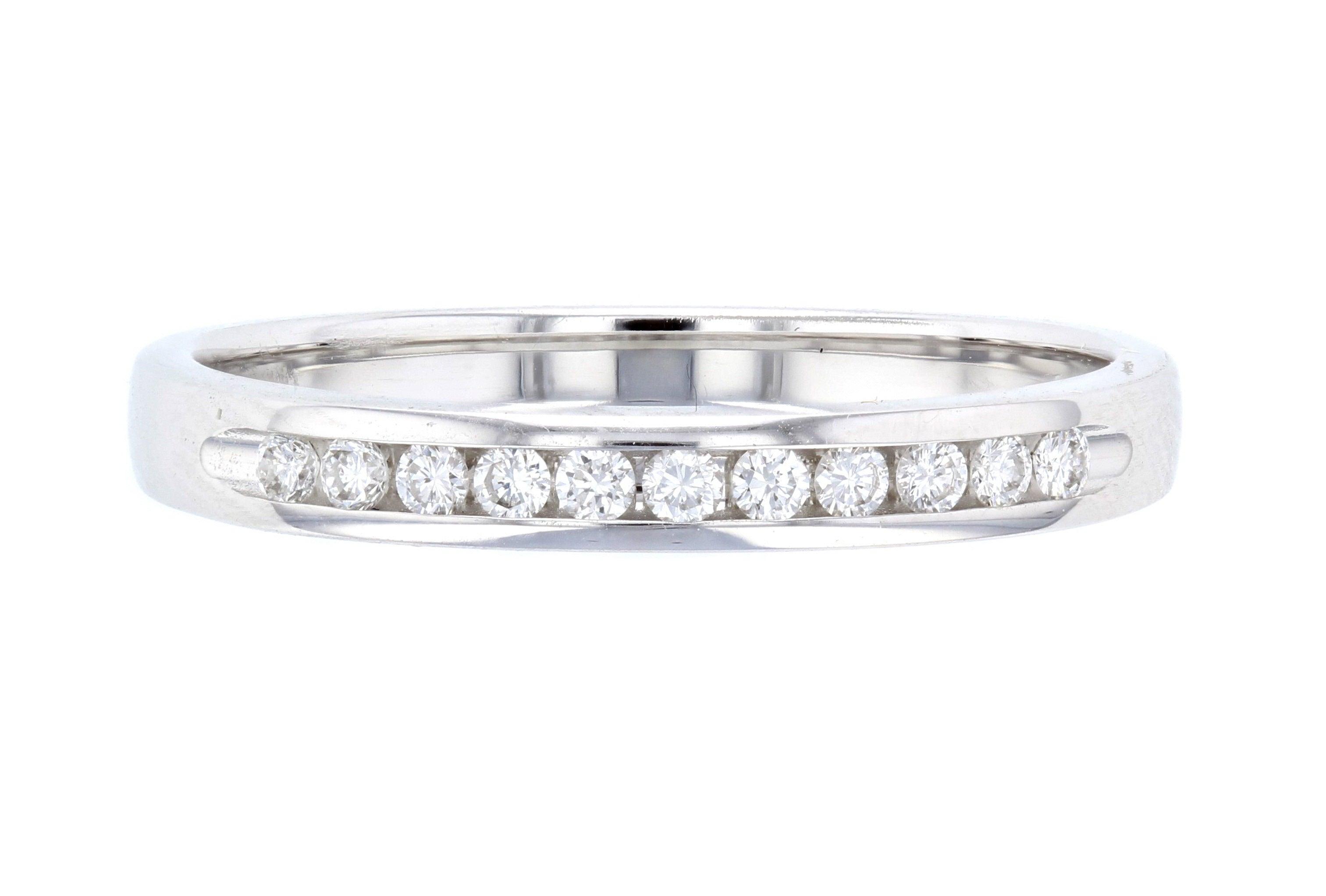 14K white gold diamond eternity band with channel-set round diamonds, timeless fine jewelry