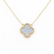 14K gold necklace with clover pendant featuring mother-of-pearl center and beaded edge, timeless fine jewelry