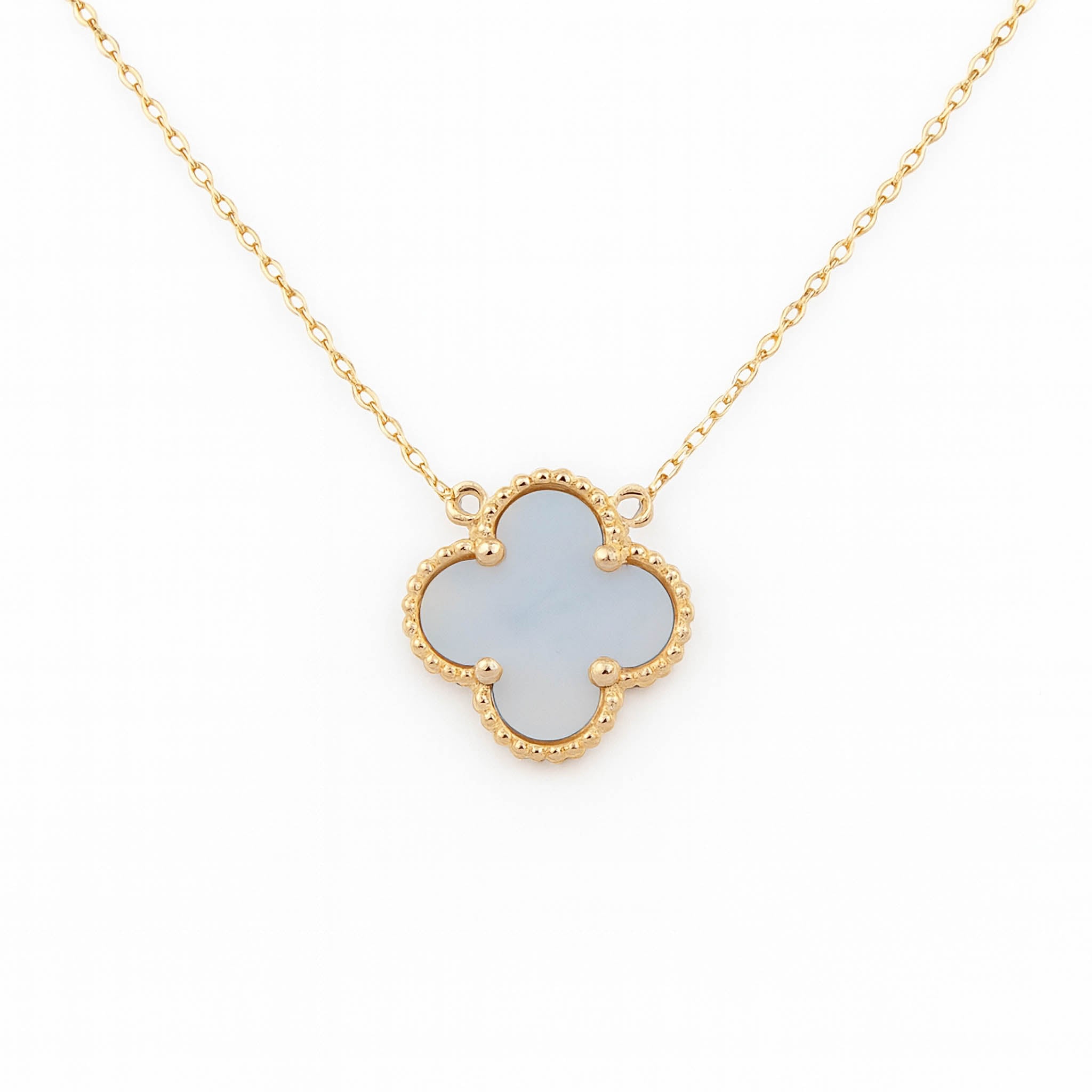 14K gold necklace with clover pendant featuring mother-of-pearl center and beaded edge, timeless fine jewelry