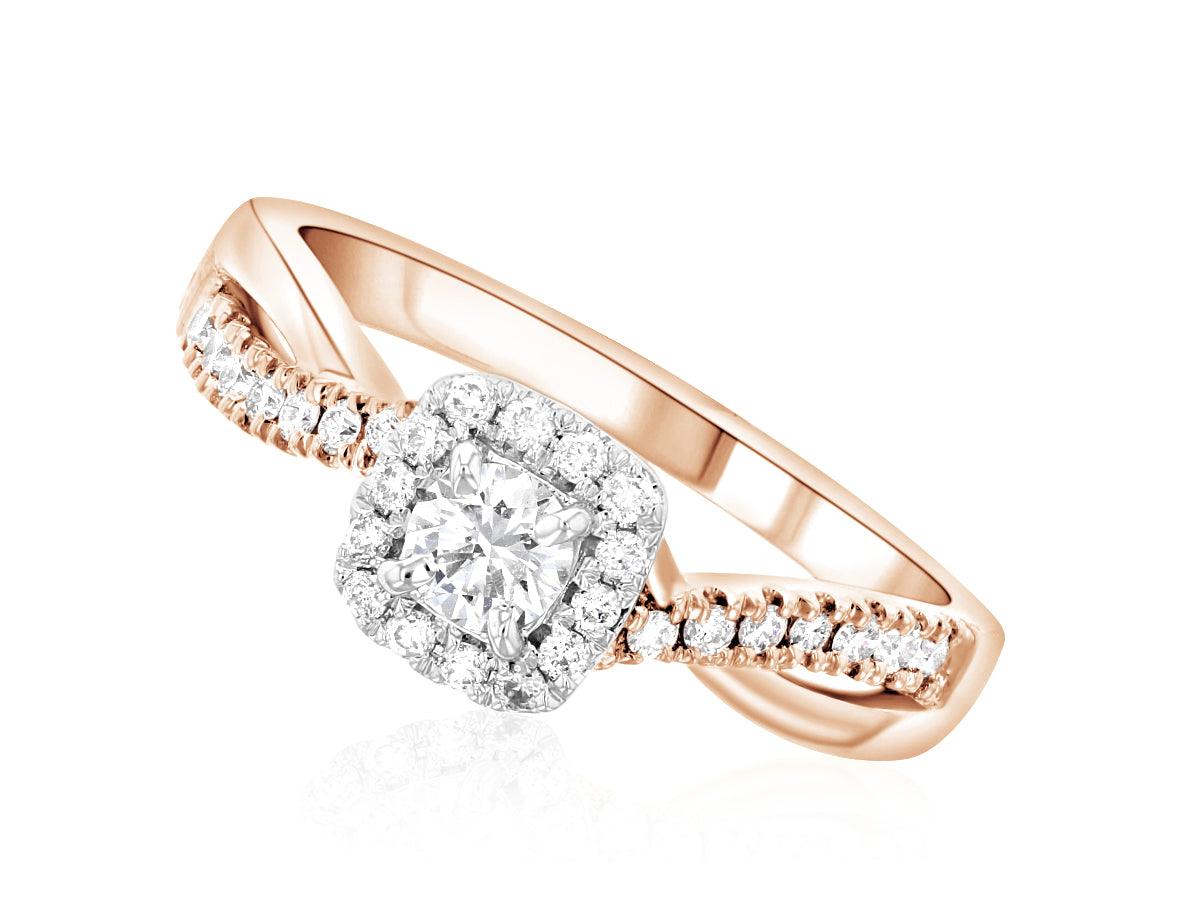 14K rose gold diamond engagement ring with cushion cut center and halo, perfect for timeless fine jewelry