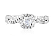 14K white gold diamond engagement ring with halo and twisted band design