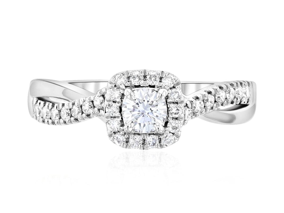 Cushion Halo Round Diamond Engagement Ring 14k White Gold Twisted Band (0.45 ct. tw.)