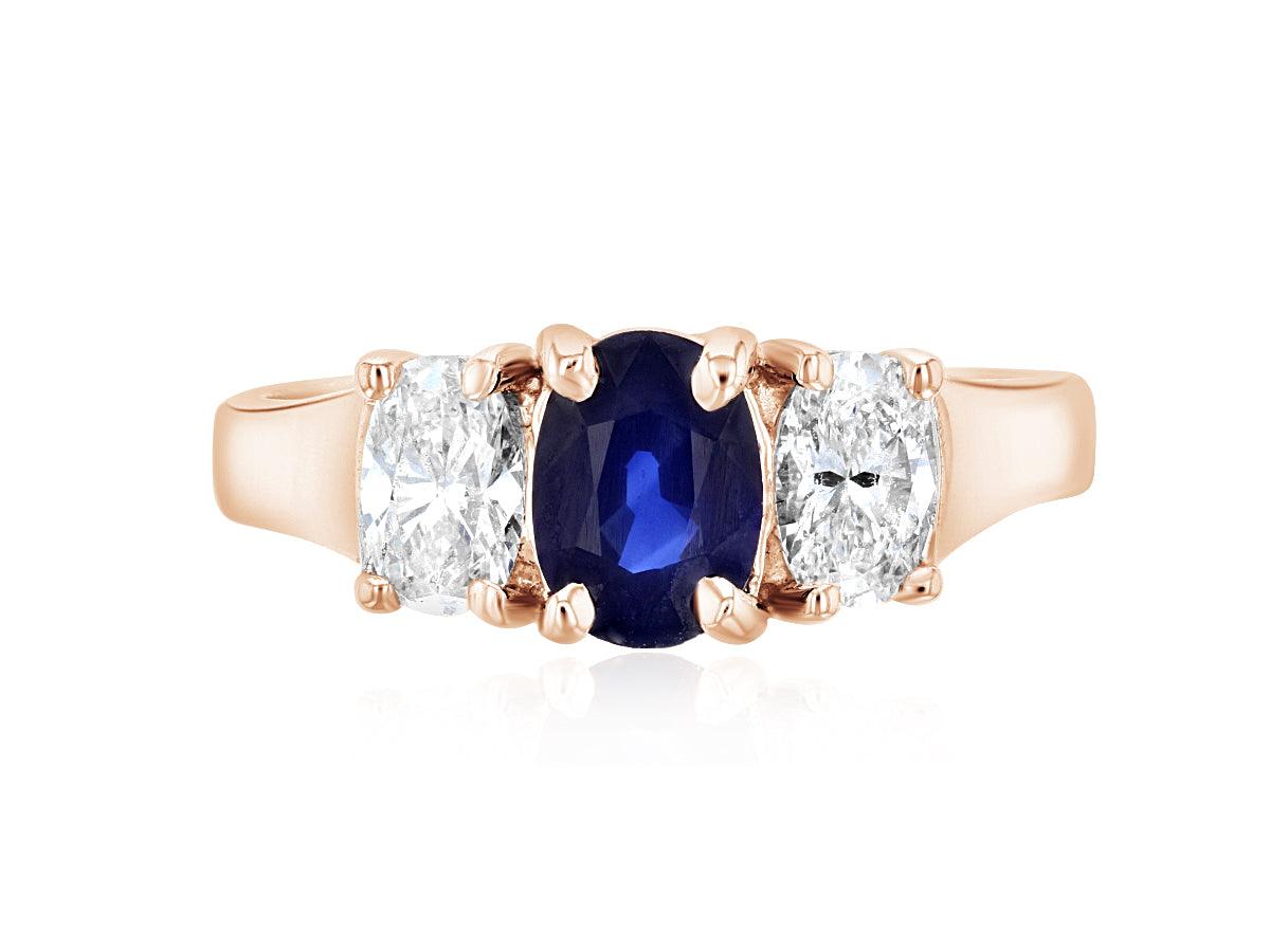 Diamond and Sapphire Three-Stone Oval Engagement Ring in 14k Rose Gold (1.65 ct. tw.)