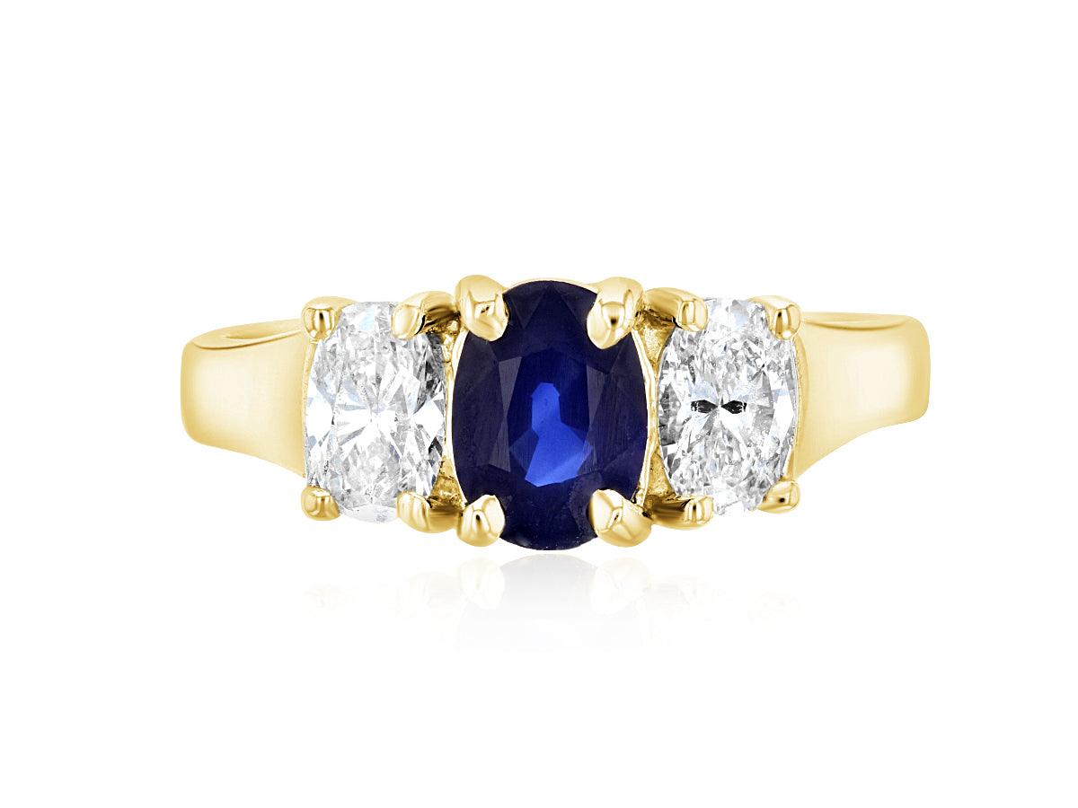 Diamond and Sapphire Three-Stone Oval Engagement Ring in 14k Yellow Gold (1.65 ct. tw.)