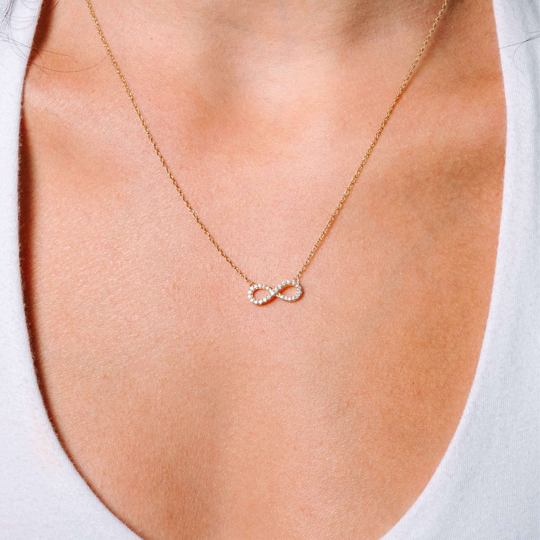 14K gold infinity necklace with diamonds, delicate everyday fine jewelry for women