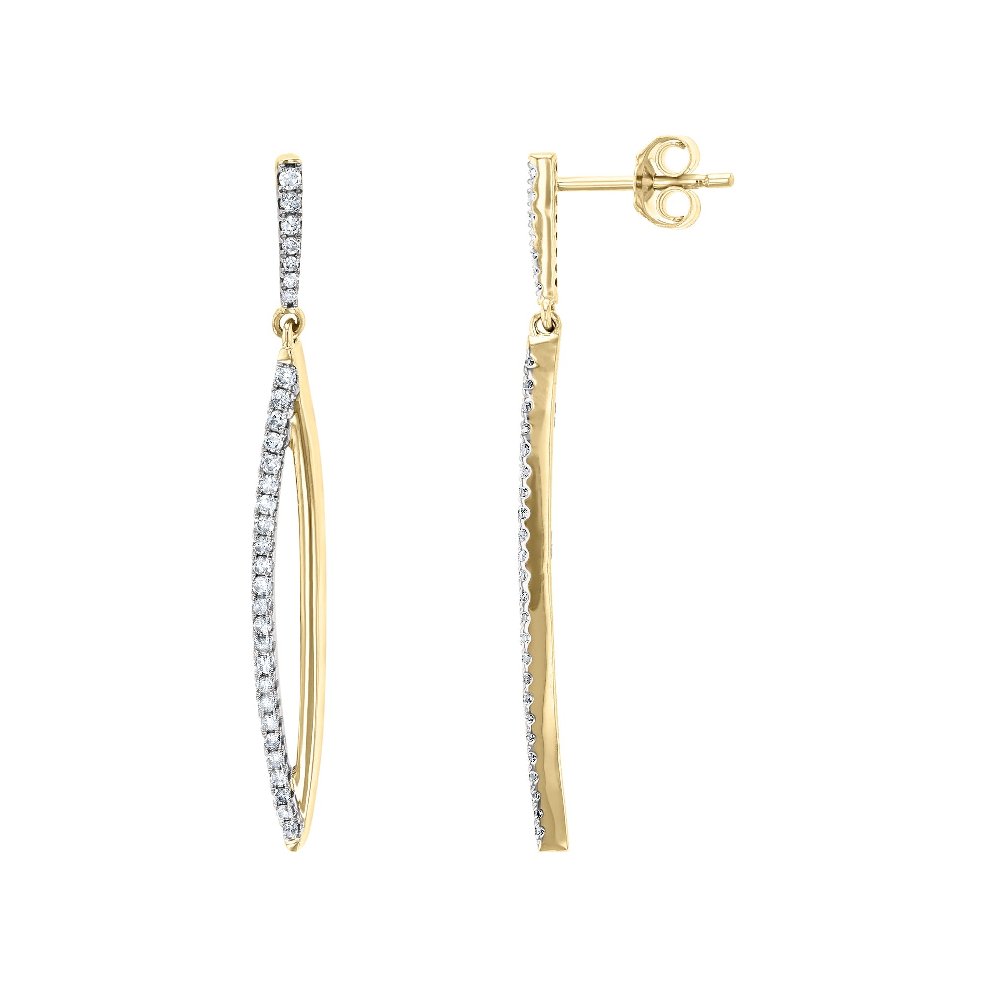 14K gold diamond drop earrings with sleek, curved design and sparkling pavé detailing
