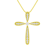 14K gold cross necklace with diamond accents on box chain, timeless fine jewelry design
