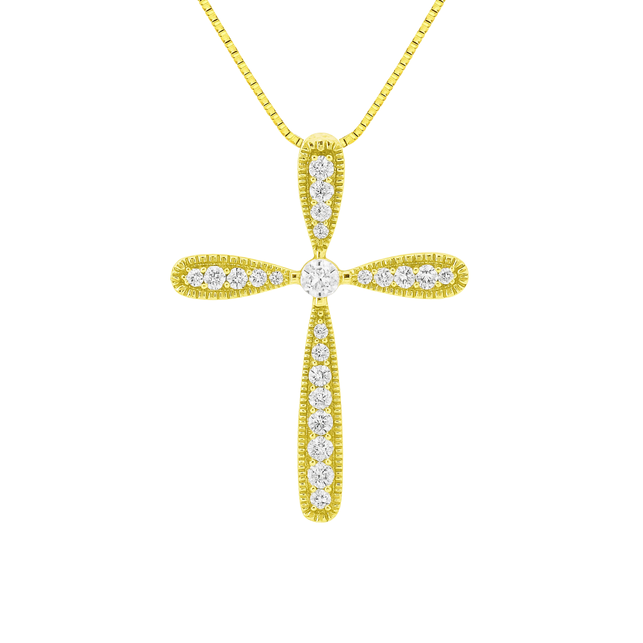 14K gold cross necklace with diamond accents on box chain, timeless fine jewelry design