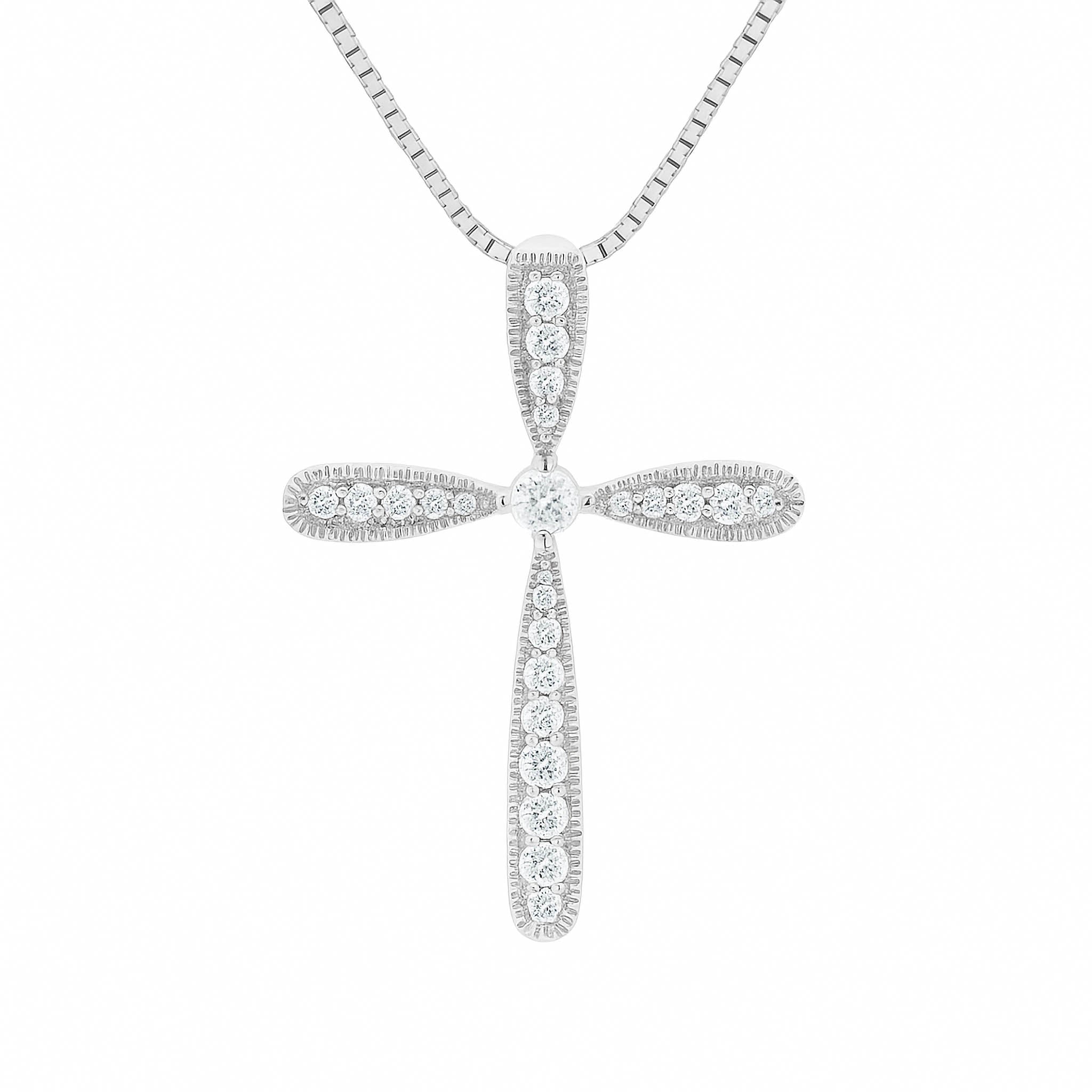 Diamond cross pendant necklace in 14K white gold with box chain, timeless fine jewelry for everyday wear