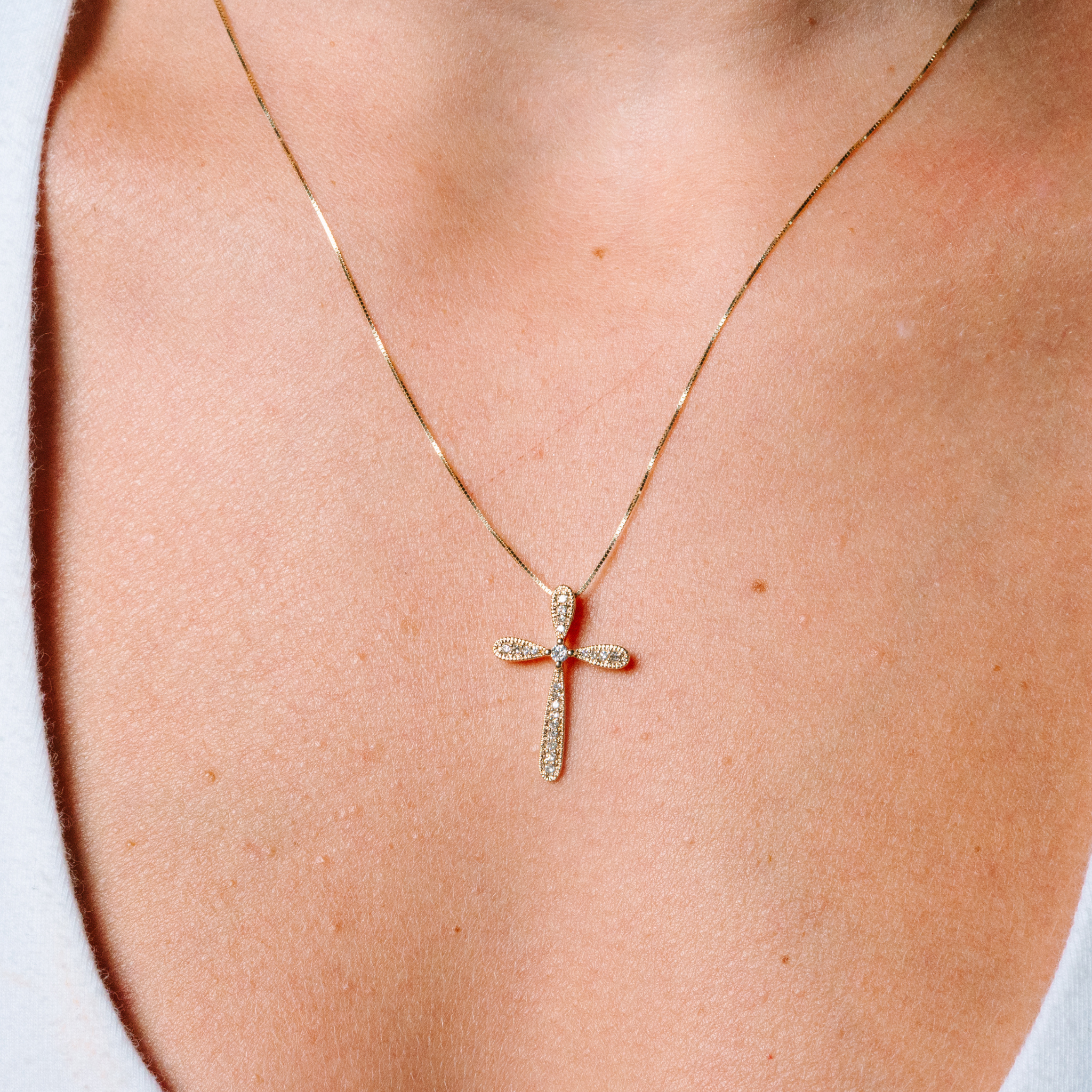 14K gold cross necklace with diamond accents, elegant everyday fine jewelry