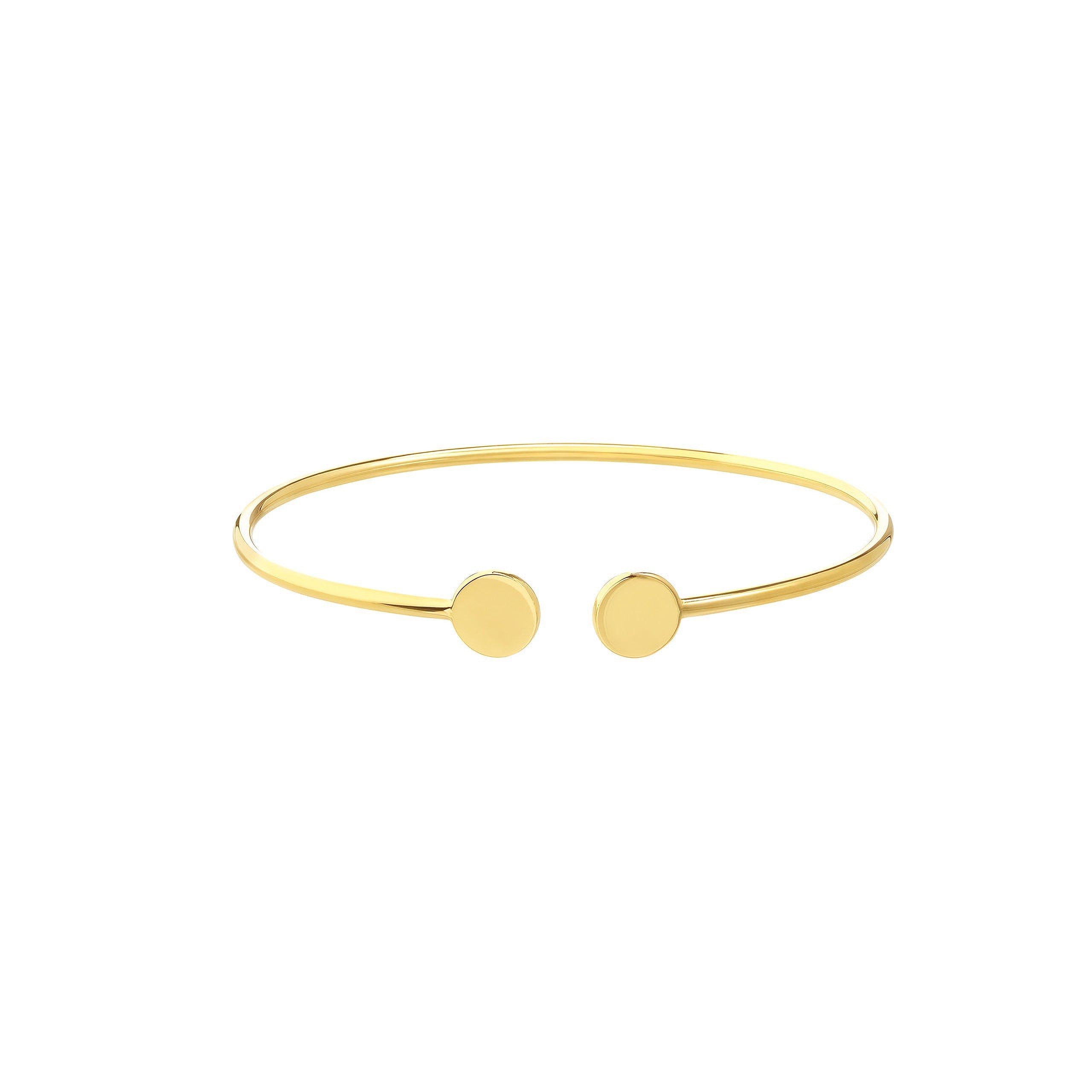 14K gold bangle with minimalist circular ends, timeless fine jewelry for everyday wear