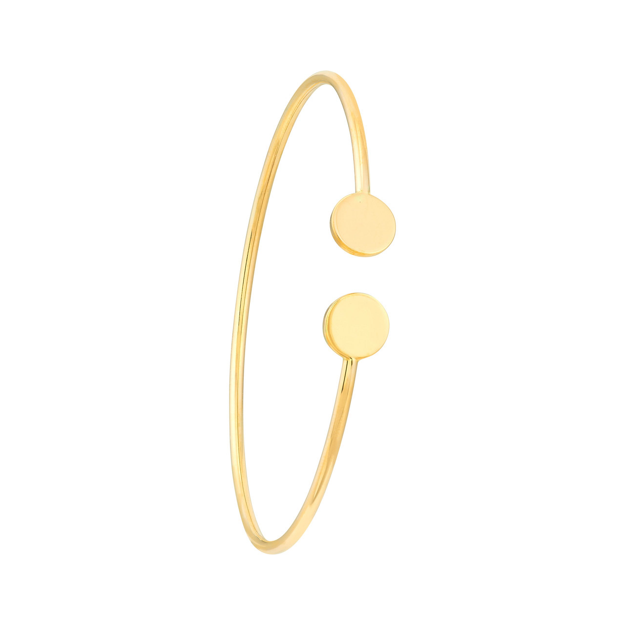 14K gold bangle with two round discs, minimalist fine jewelry for everyday wear