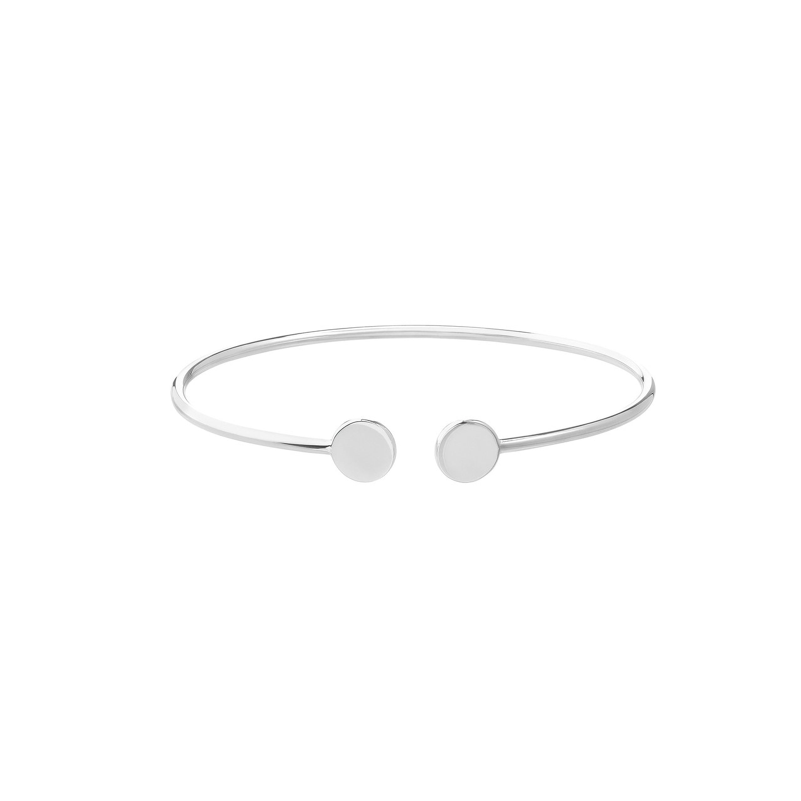 Minimalist silver bangle with two round discs, timeless fine jewelry for everyday wear