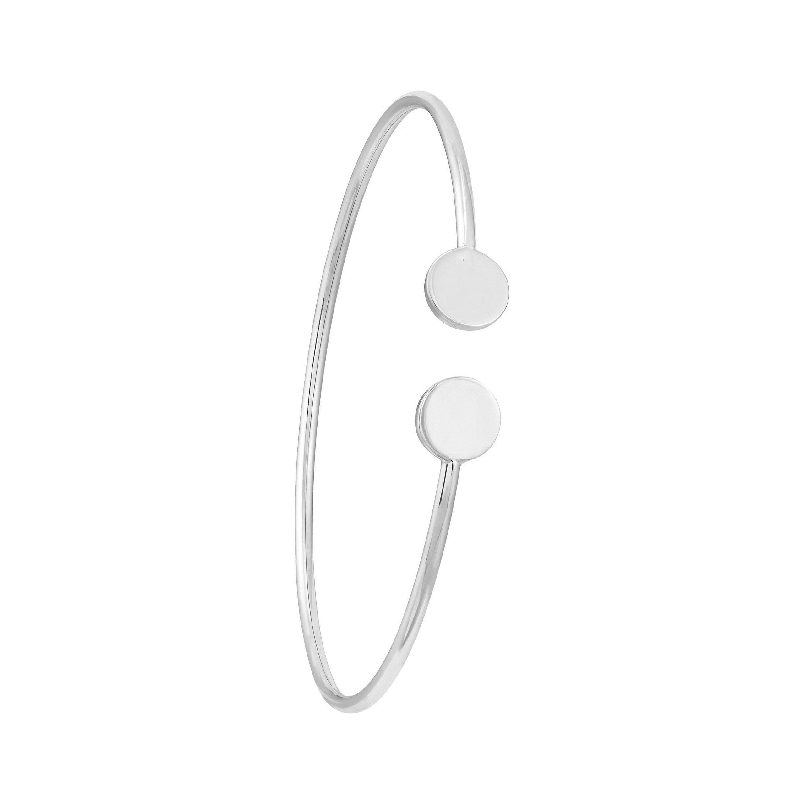 Minimalist silver bangle with two circular discs, fine jewelry for everyday wear