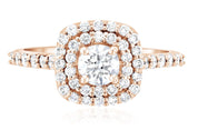 14K rose gold diamond halo engagement ring with round center stone and pave band