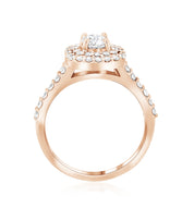 14K rose gold diamond engagement ring with halo and side stones, timeless fine jewelry design