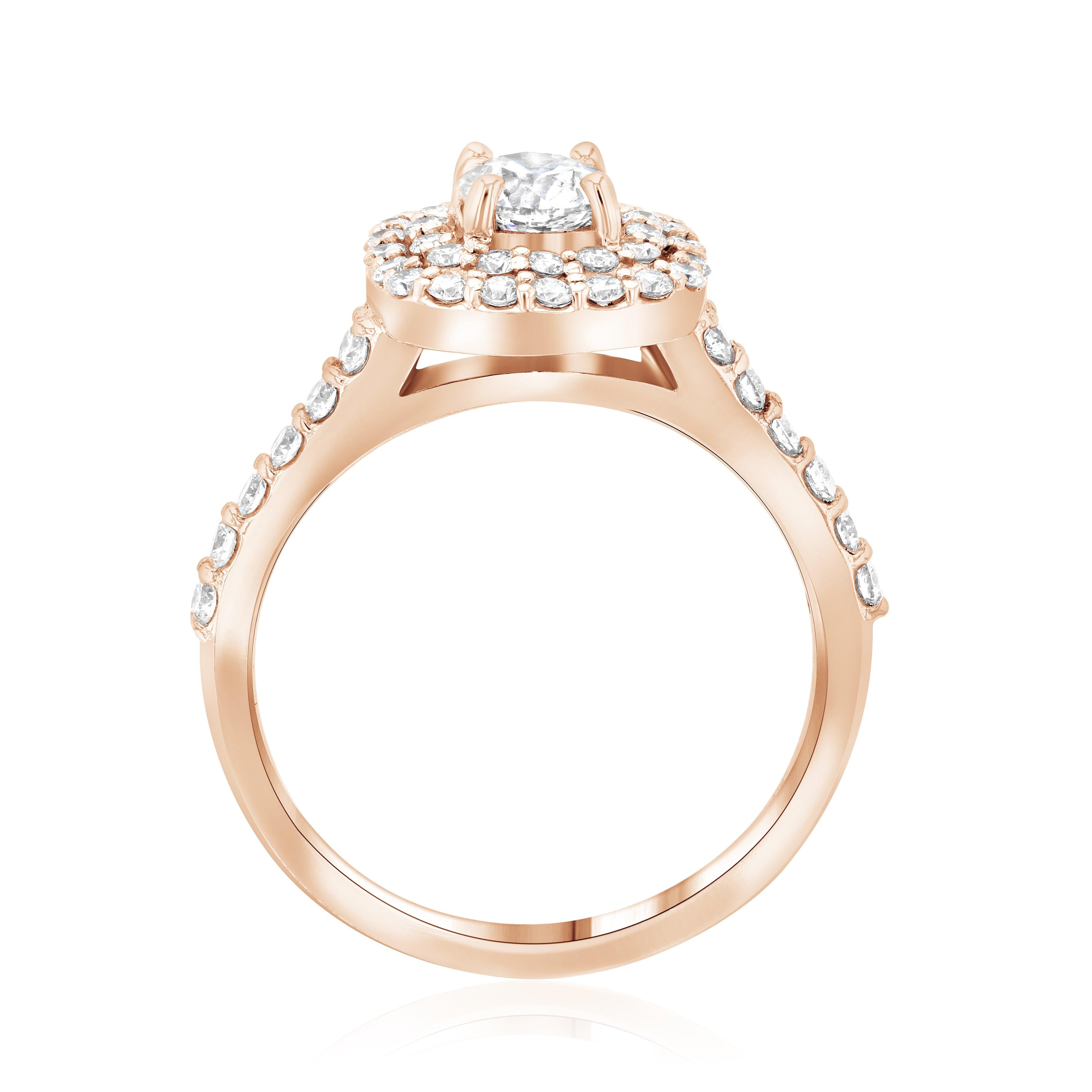 14K rose gold diamond engagement ring with halo and side stones, timeless fine jewelry design