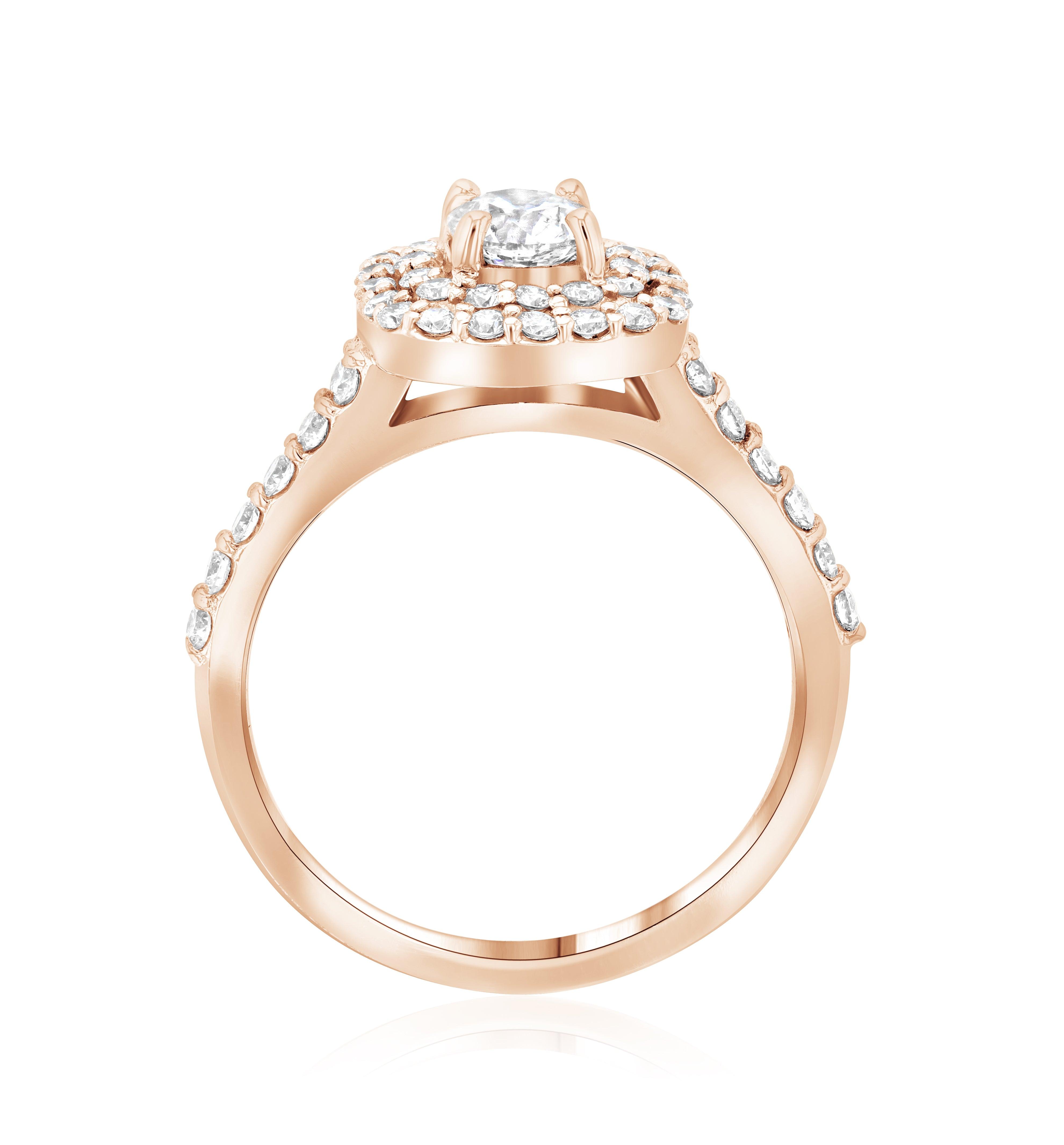 14K rose gold diamond engagement ring with halo and side stones, timeless fine jewelry design