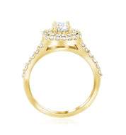 14K gold diamond engagement ring with halo and pavé band, timeless fine jewelry design