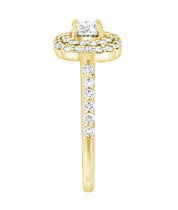 14K gold diamond halo engagement ring with side stones, timeless fine jewelry