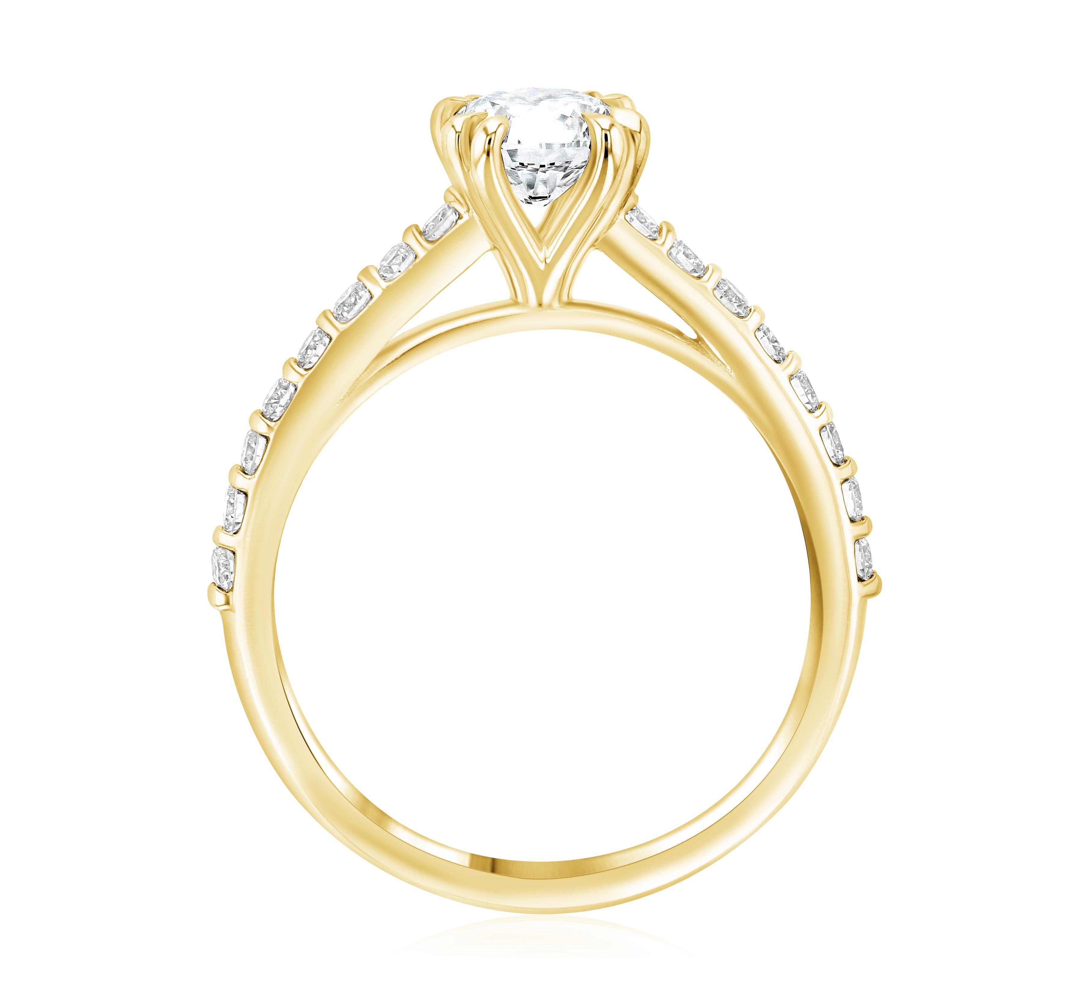 14K yellow gold diamond engagement ring with round center stone and channel-set side diamonds