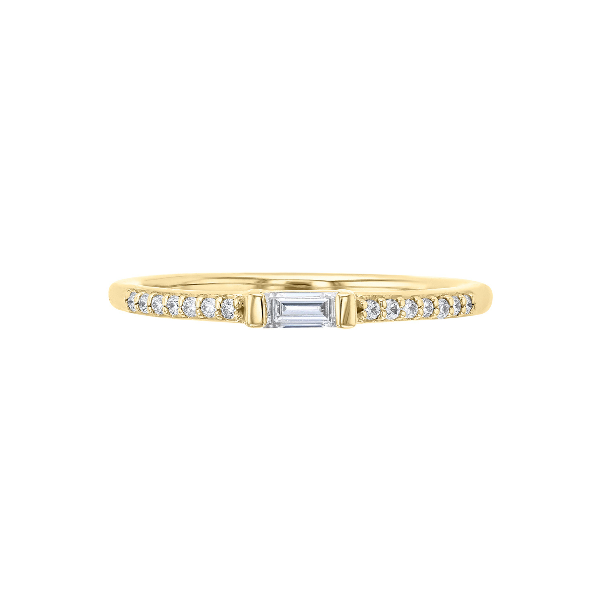 14K gold ring with emerald-cut diamond center and pave diamond band, timeless fine jewelry