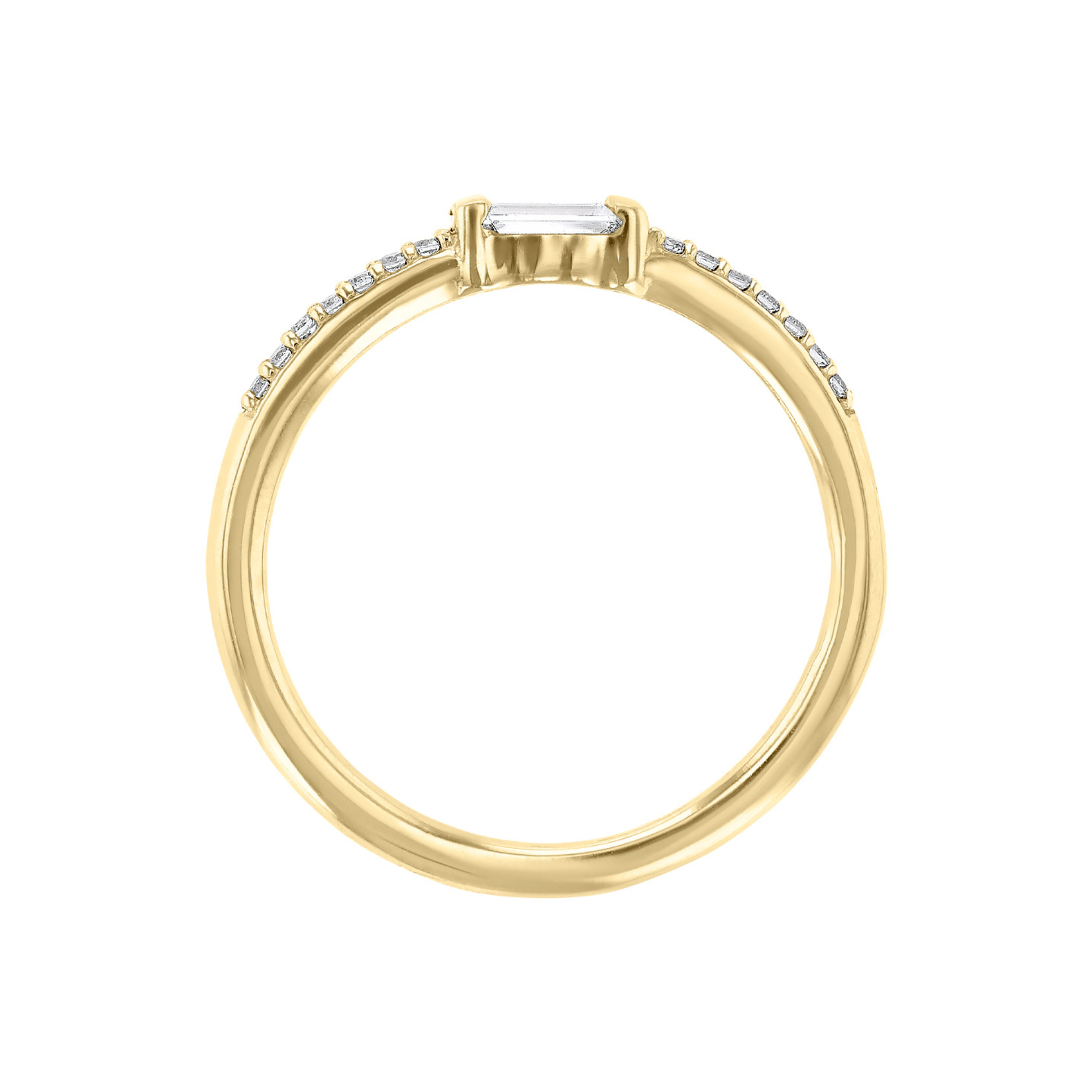 14K gold ring with baguette diamond center and side pavé diamonds, timeless fine jewelry
