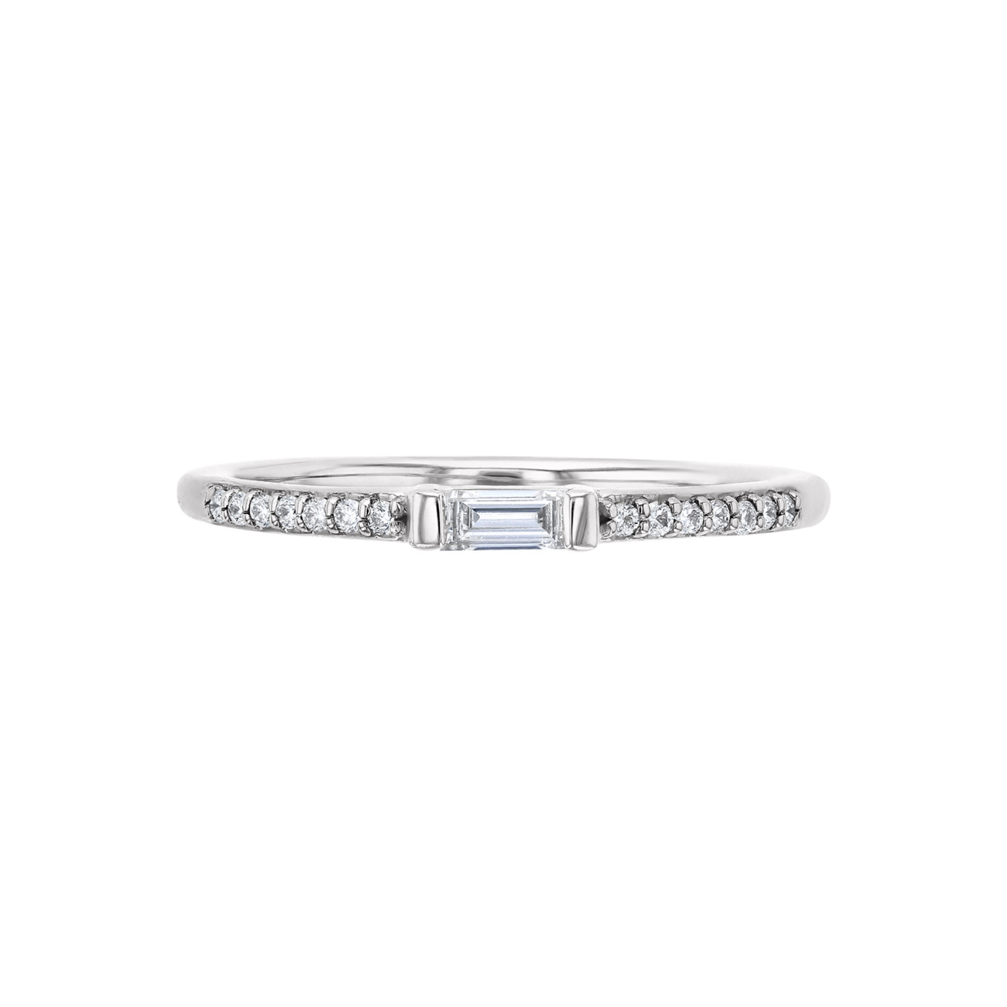 Elegant 14K gold ring with baguette diamond center and pave diamond accents, timeless fine jewelry